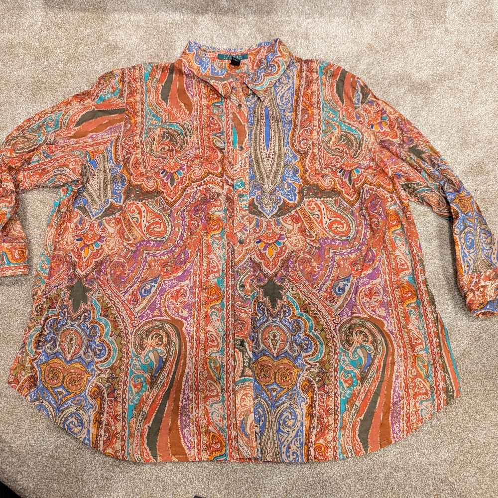 Lauren Ralph Lauren Ladies Button Down Shirt Size 2X 3/4 Sleeve Curved Hem